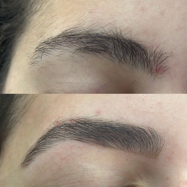 A before and after picture of a woman 's eyebrows.
