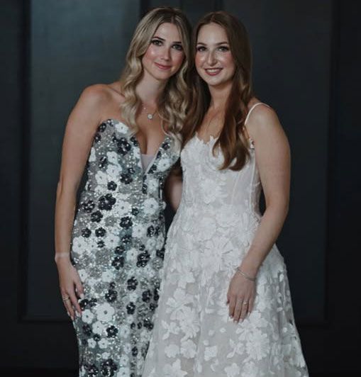 Two women in white dresses are posing for a picture together