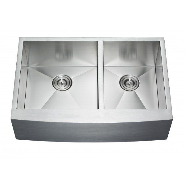 A stainless steel kitchen sink with two sinks and two drains