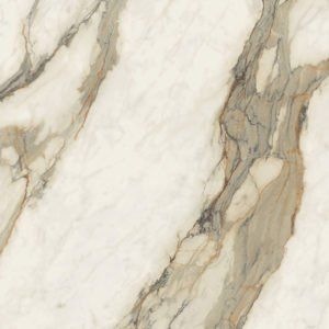 A close up of a white and gold marble tile.