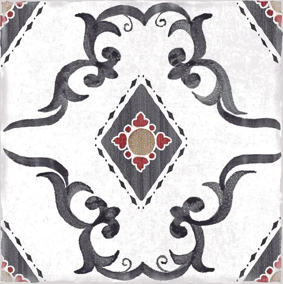 A black and white tile with a floral design on it.