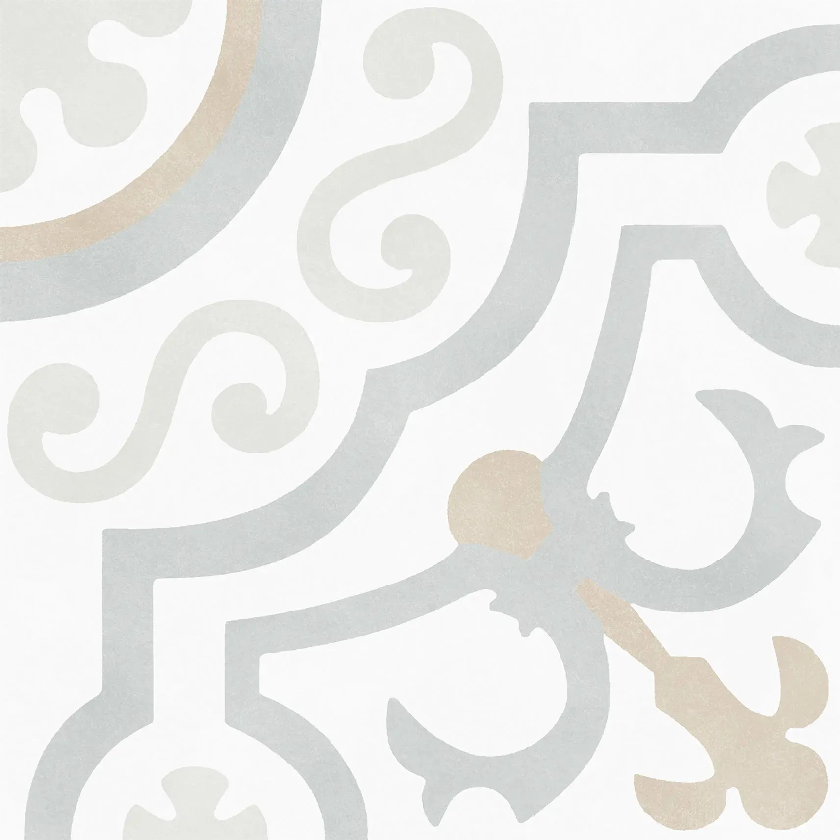 A white tile with a pattern of swirls and flowers on it.