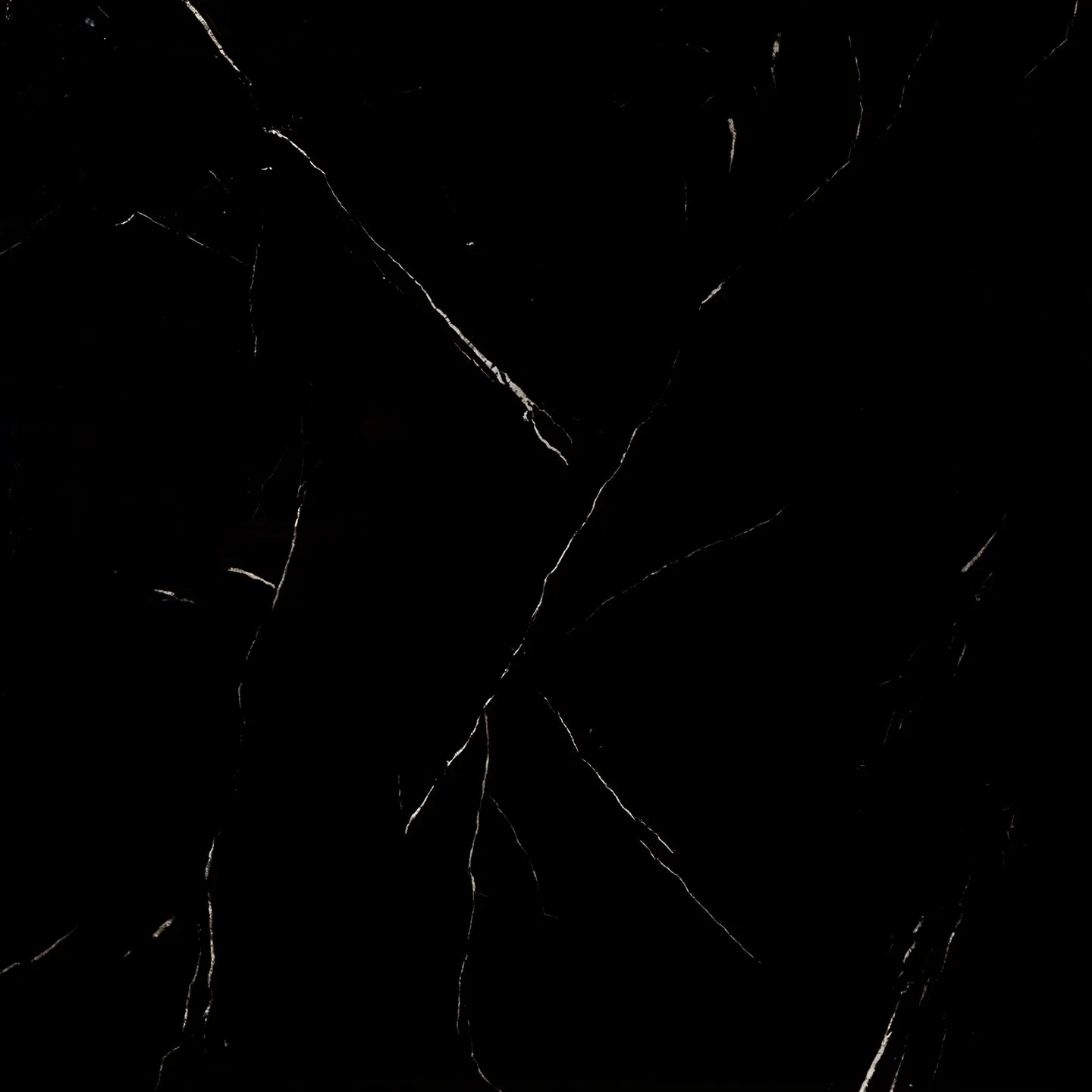 A close up of a black marble tile with white veins on a black background.