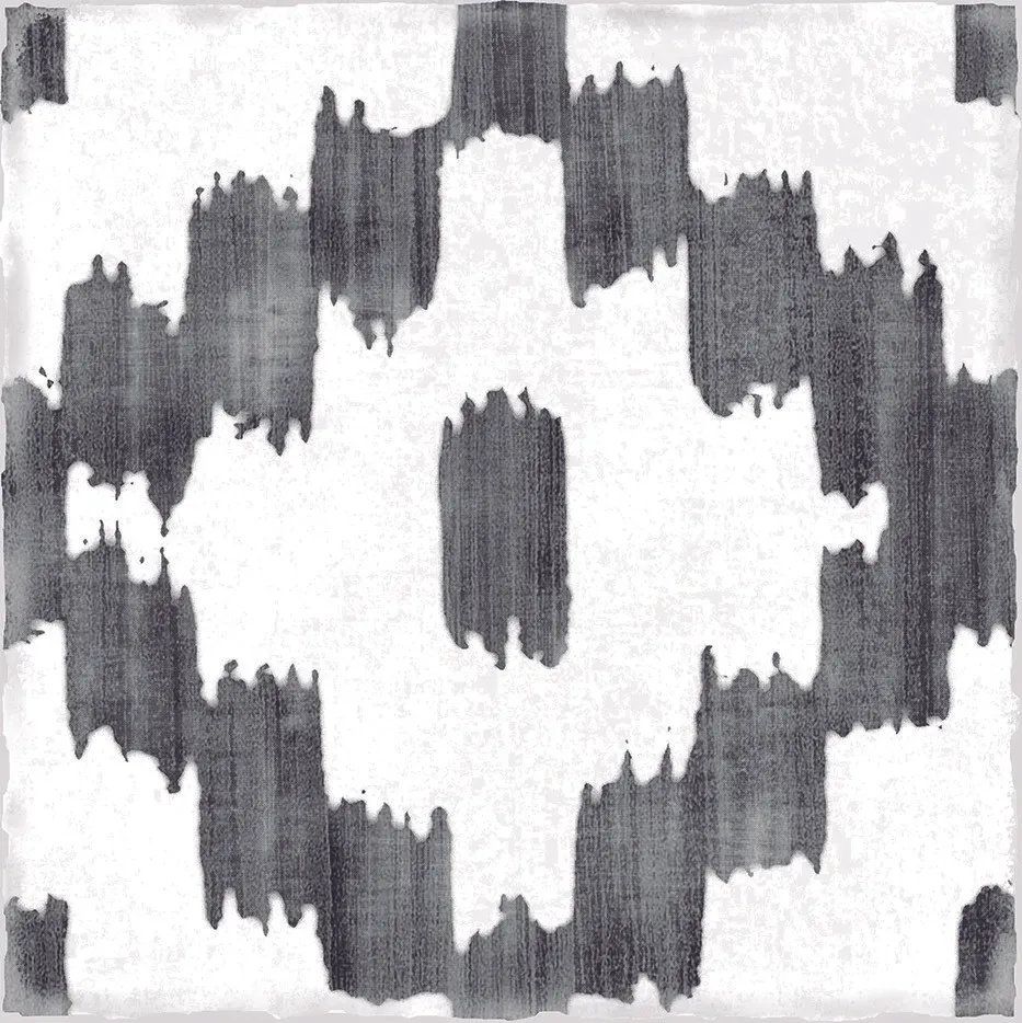 A black and white painting of a cross on a white background.