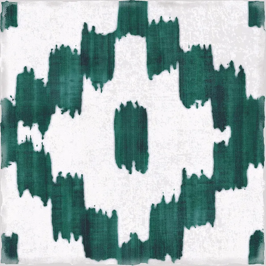 A green and white painting with a geometric pattern on a white background.