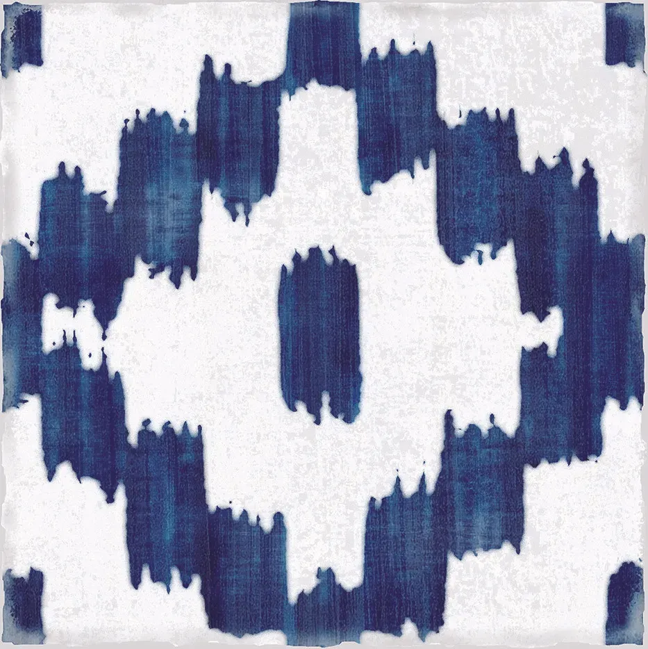 A blue and white painting with a cross in the middle