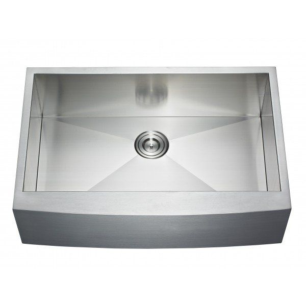 A stainless steel sink with a drain hole in the middle on a white background.