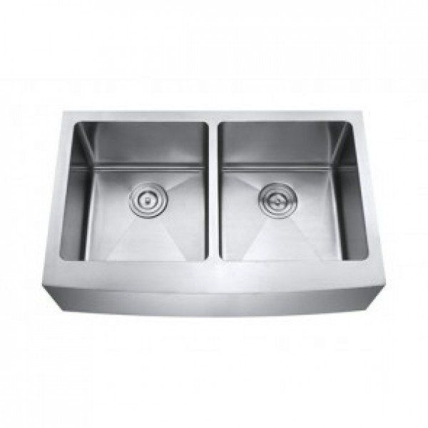 A stainless steel kitchen sink with two bowls on a white background.