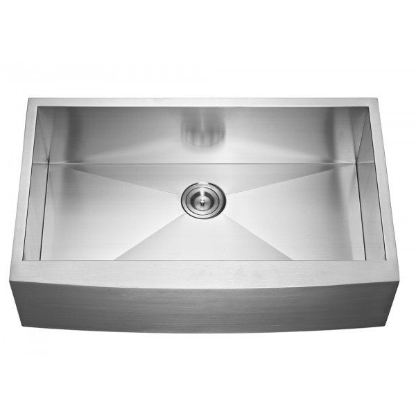 A stainless steel sink with a drain hole in the middle on a white background.