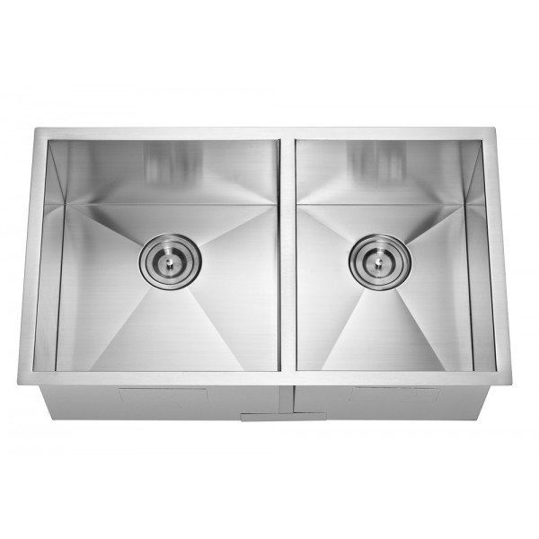 A stainless steel kitchen sink with two drains on a white background.