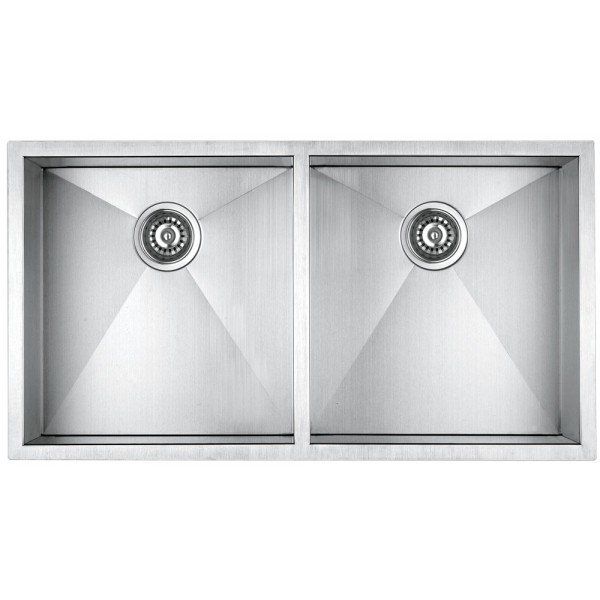A stainless steel kitchen sink with two drains on a white background.
