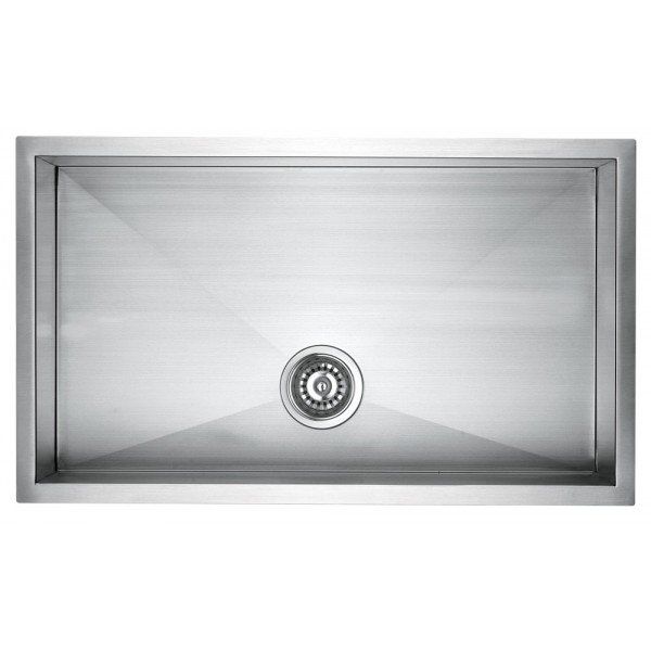 A stainless steel kitchen sink with a drain on a white background.