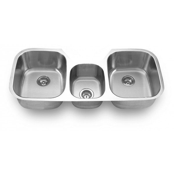 A stainless steel kitchen sink with three bowls on a white background.