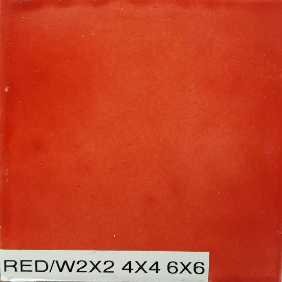 A close up of a red tile with a label that says red / w2x2 4x4 6x6.