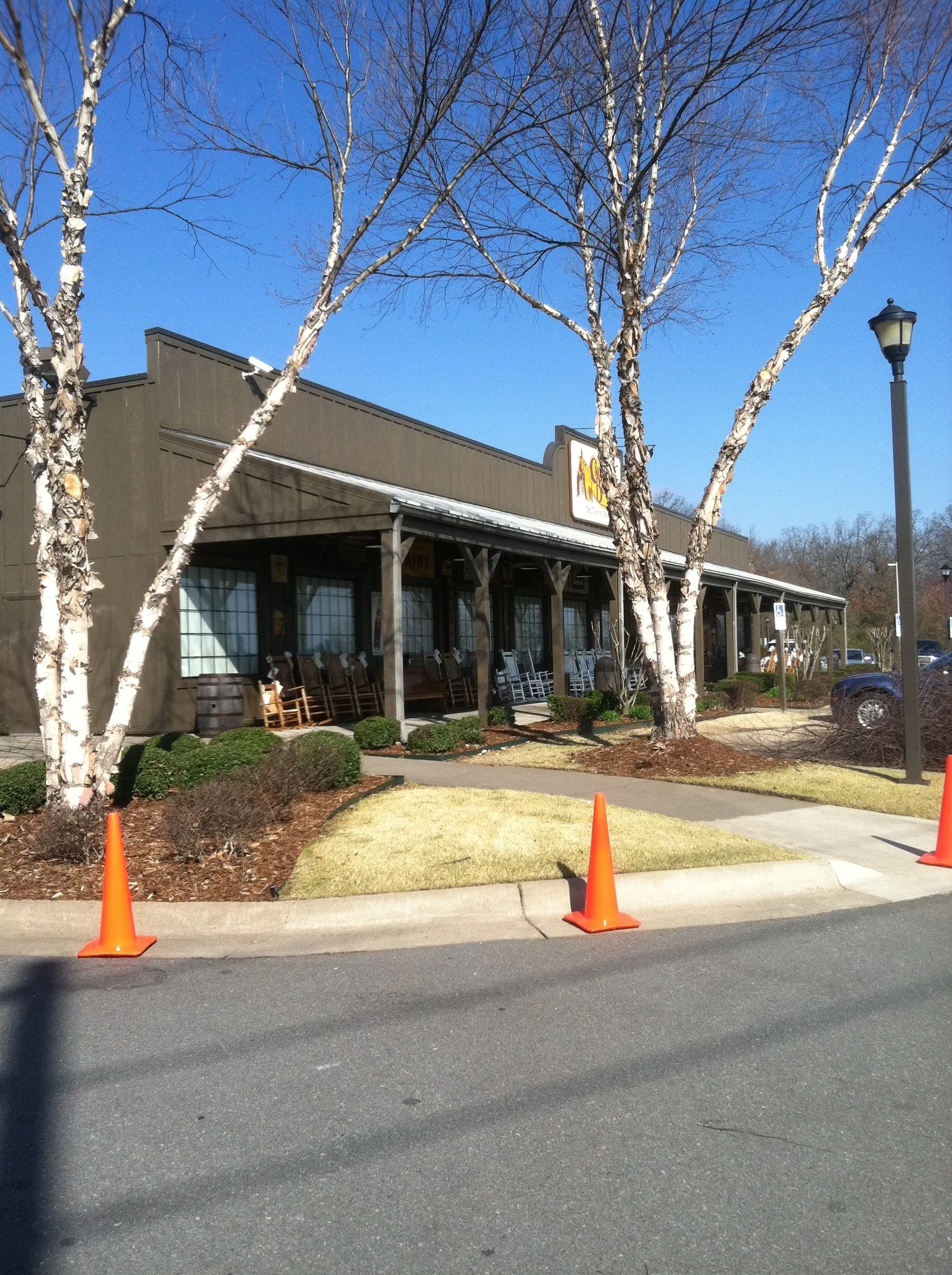 A long, dark-colored building with a covered porch, flanked by birch trees, with traffic cones in front.