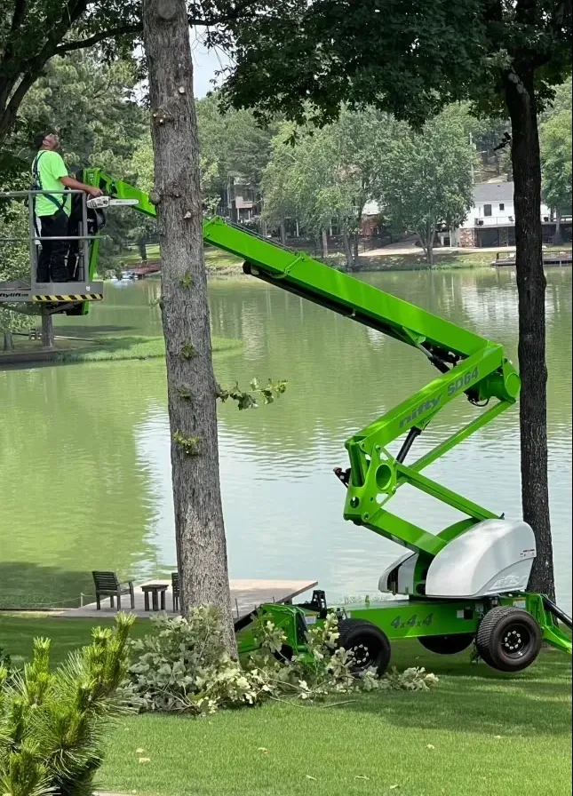 Man in a lift trims a tree near a lake; bright green equipment, trees, water, sunny day.