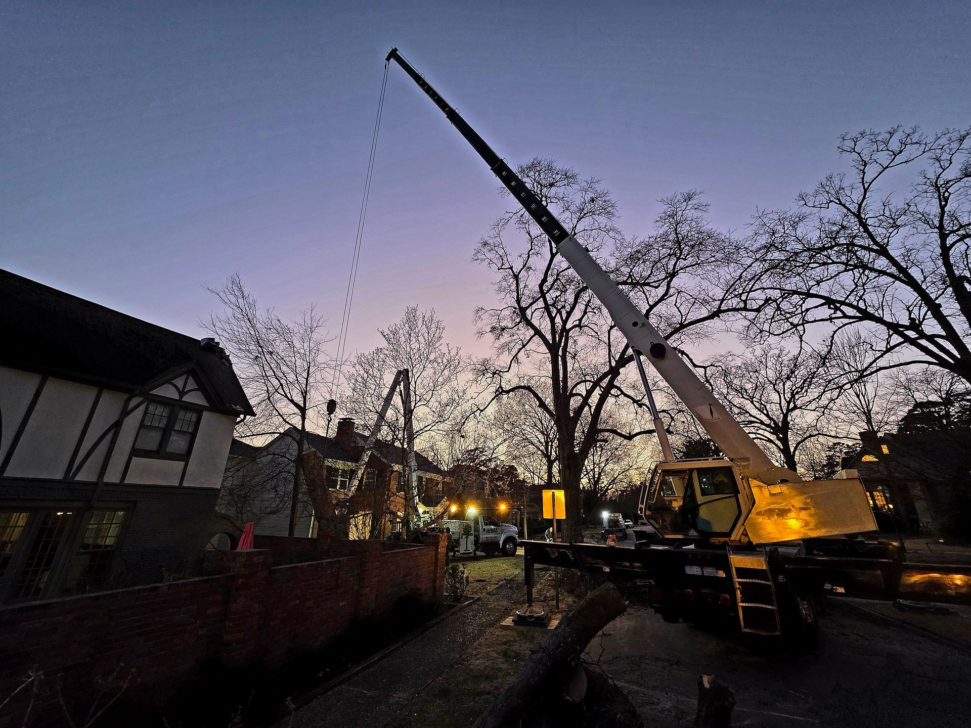 Crane lifting something over a residential area at dusk.