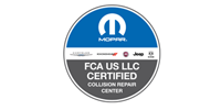 Mopar FCA US LLC Certified Collision Repair Center badge with logo and brand emblems.