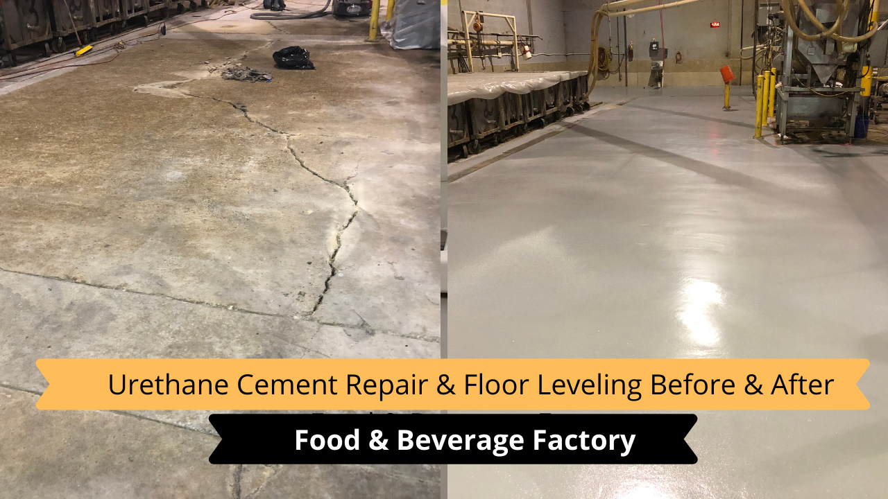 A before and after photo of a concrete floor in a food and beverage factory.