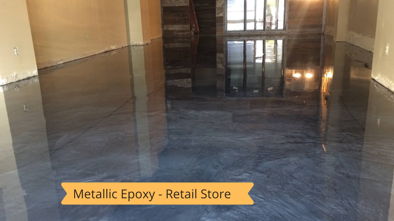 A room with a metallic epoxy floor in a retail store.