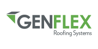 The logo for genflex roofing systems is green and black.