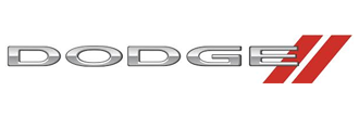 Dodge logo, silver text and two red stripes.
