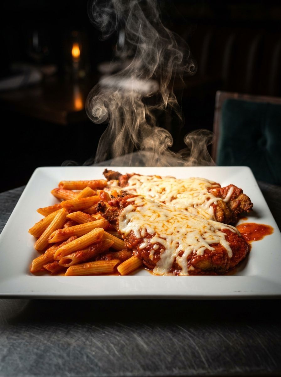 Steaming penne pasta with tomato sauce and melted cheese on a white plate