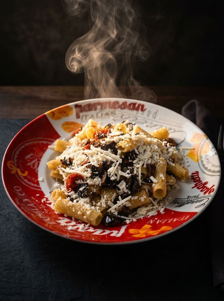 Steam rising from a plate of pasta topped with grated cheese on a red-and-white plate