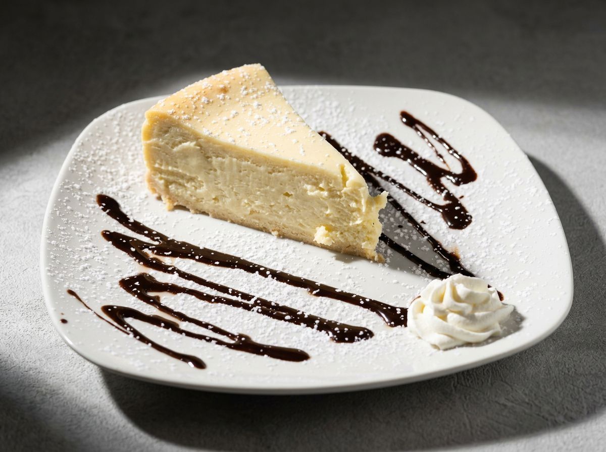 Slice of cheesecake on a white plate with chocolate drizzle and a dollop of whipped cream