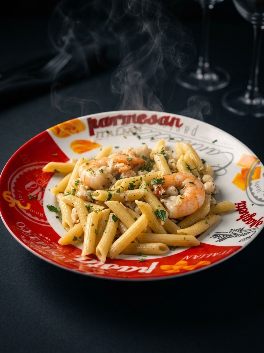 Pasta with shrimp and herbs in a colorful Parmesan plate on a dark table, with steam rising
