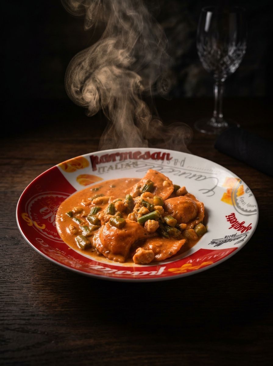 Steaming bowl of saucy pasta on a red-and-white plate, lit dramatically on a dark table.