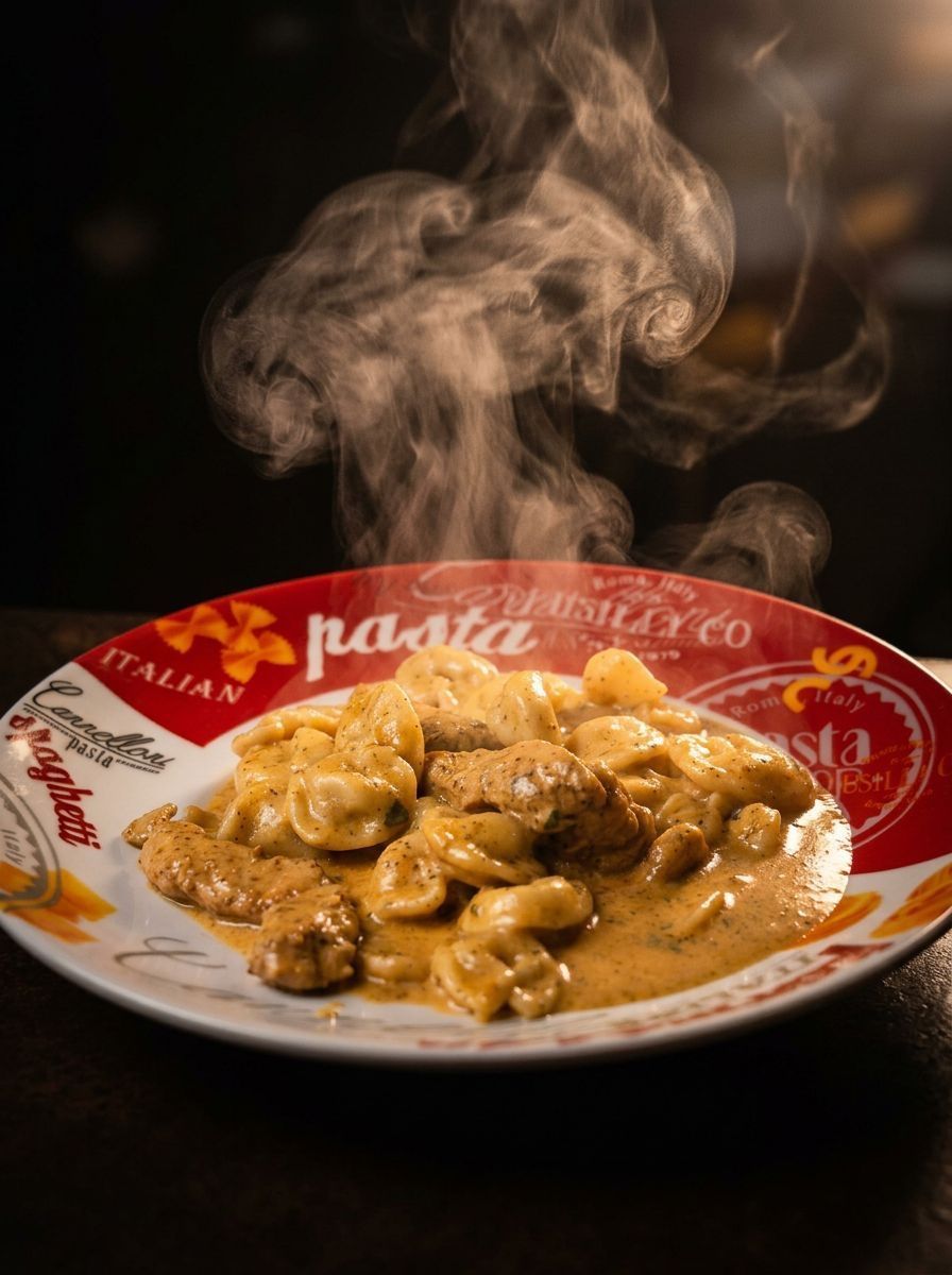 Steaming pasta in creamy sauce on a red-rimmed plate against a dark background