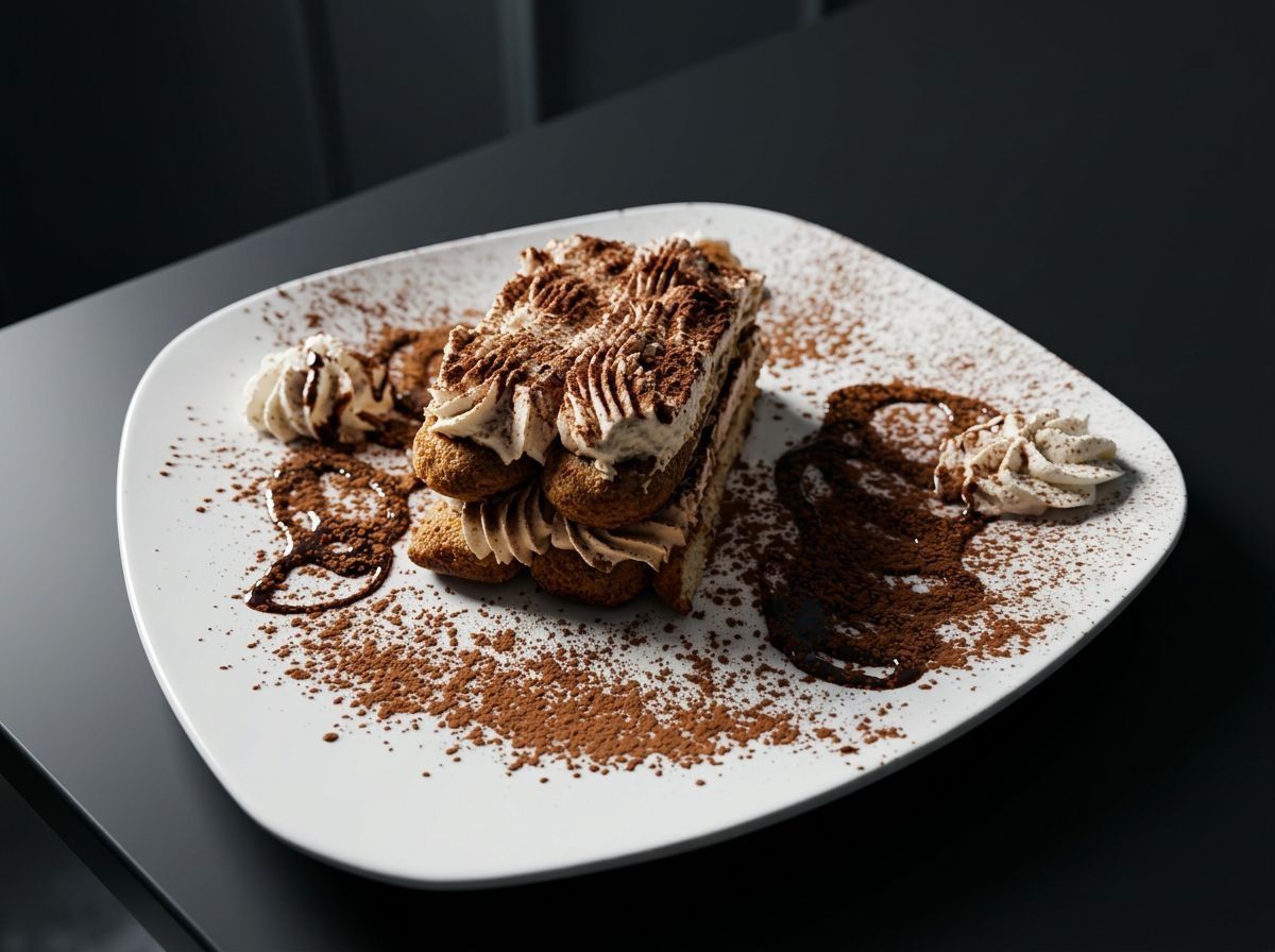 Dessert on a white plate, topped with cocoa powder and chocolate curls, on a dark table