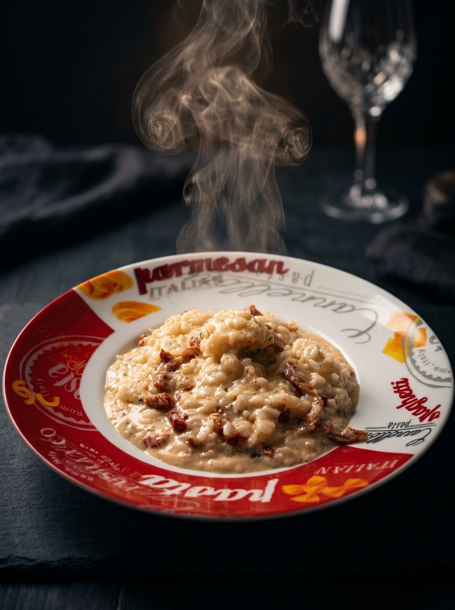 A steaming bowl of risotto on a red patterned plate, set on a dark table with a wine glass nearby.