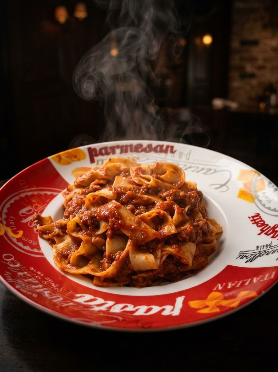 Steaming plate of pasta in red and white restaurant dishware on a dark table
