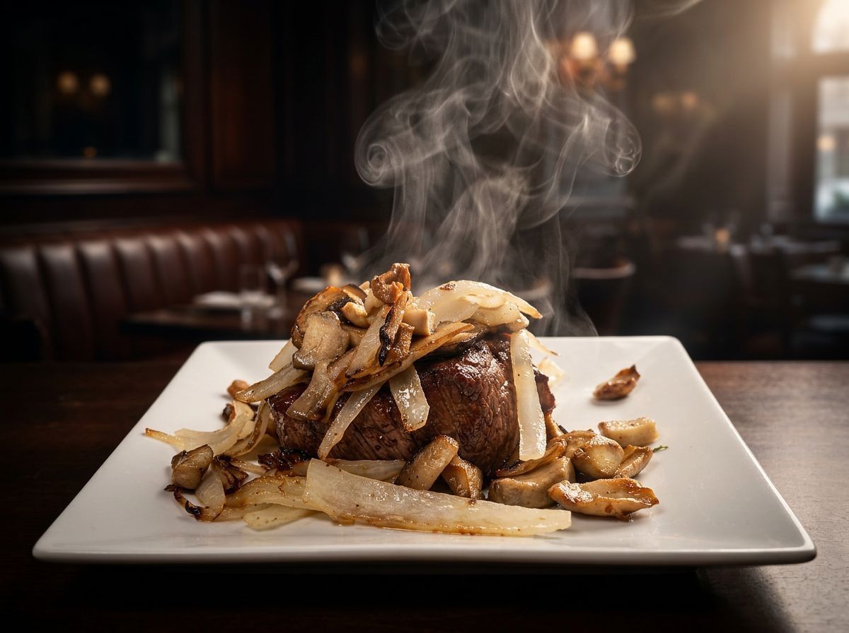 Steam rises from a plated gourmet meal on a white square plate in a dimly lit restaurant.