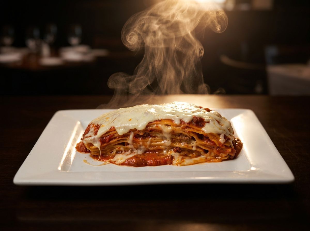 Steaming lasagna on a white plate in a dimly lit restaurant setting