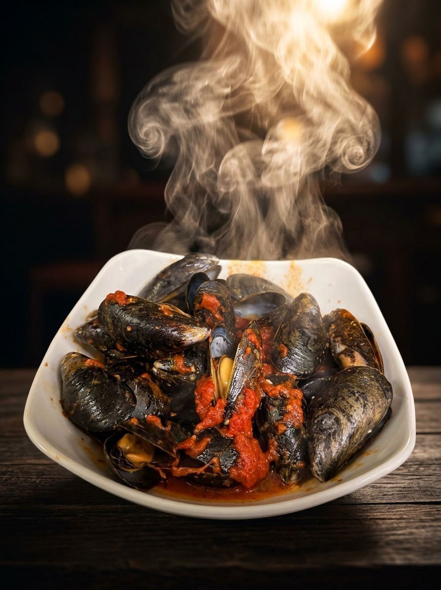 Steaming grilled mussels on a white plate with charred shells and red sauce on a dark table
