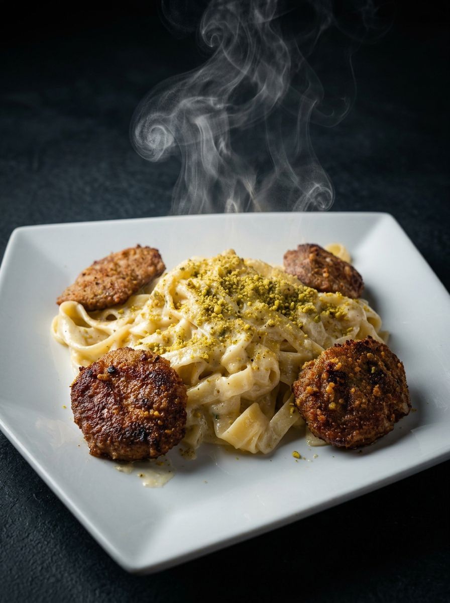 Steaming pasta with meatballs on a white square plate, topped with herbs