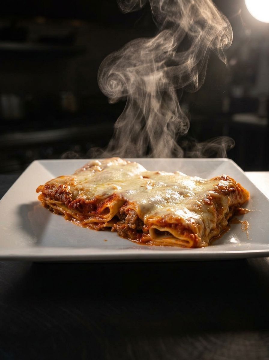 Steaming slice of lasagna topped with melted cheese on a white plate against a dark background
