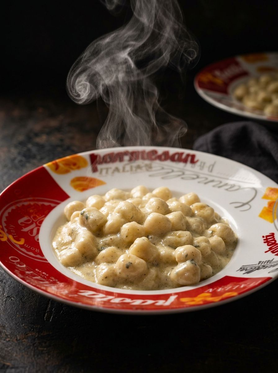 Steaming gnocchi in creamy sauce on a red-and-white plate, with a blurred dish in the background