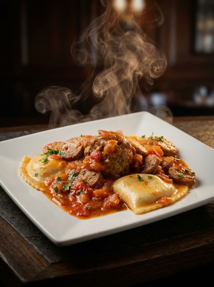 Steaming plate of ravioli and meat sauce on a restaurant table, with a blurred warm background