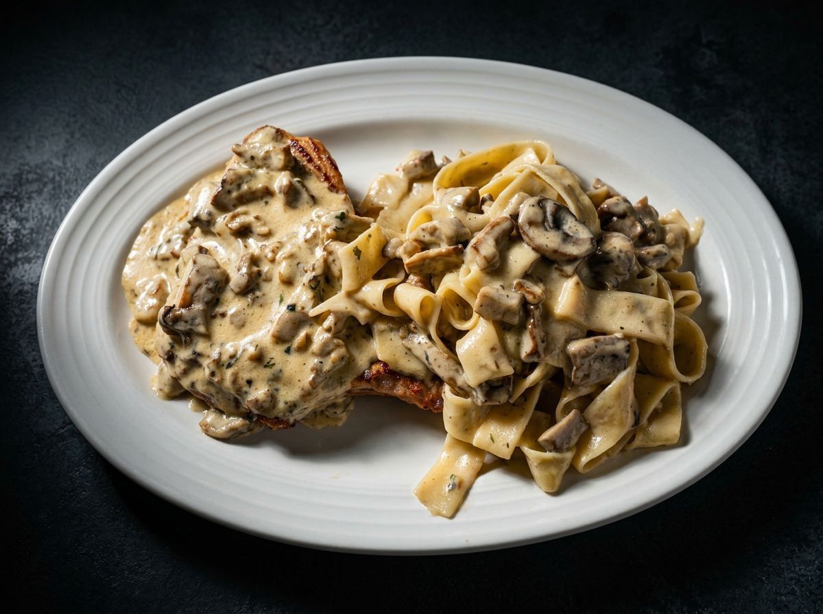 Plate of fettuccine and creamy chicken with mushrooms on a white dish