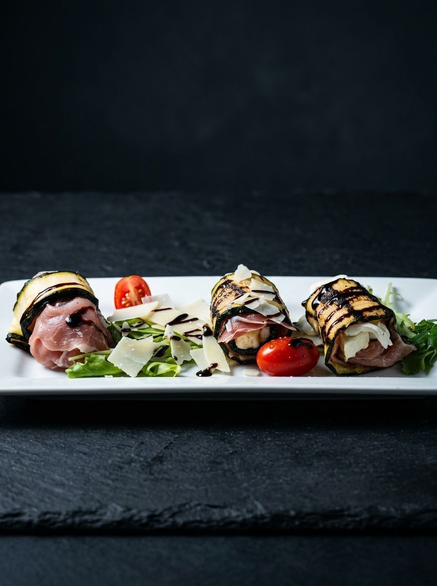 Gourmet plated sushi rolls with tomato and greens on a white rectangular plate on a dark table