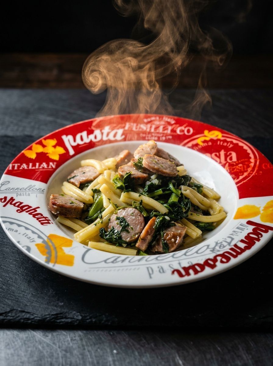 Pasta with greens and grilled meat in a red-and-white bowl, steam rising on a dark table