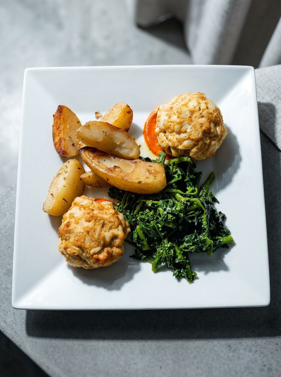 Roasted potatoes, two browned patties, and sautéed greens on a white square plate