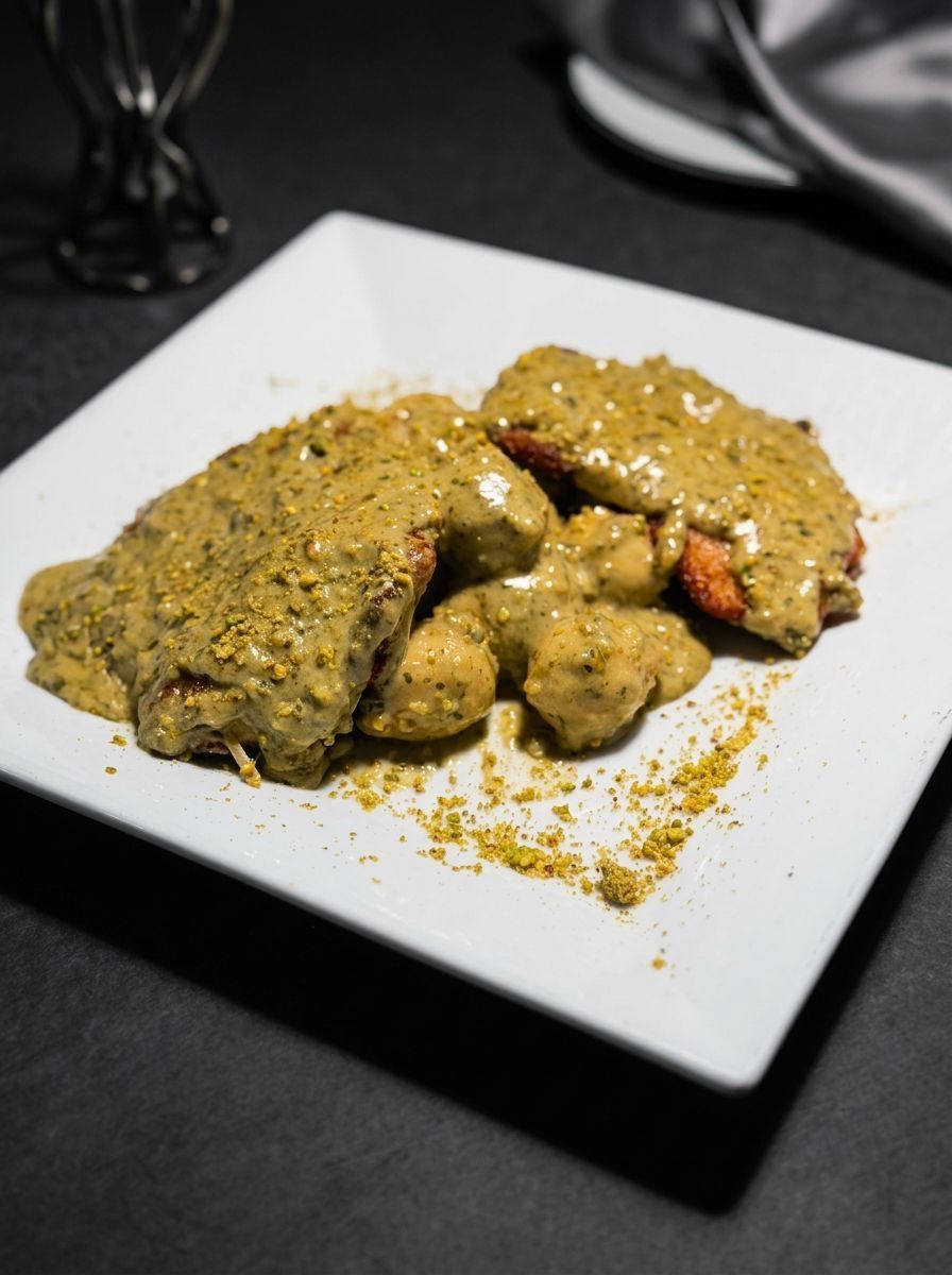 Plated breaded cutlets topped with sauce and herbs on a white square plate