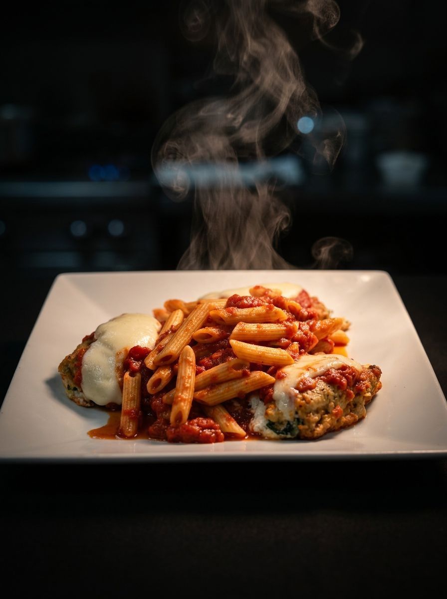 Steaming plate of pasta in red sauce with a scoop of mashed potatoes on a dark table