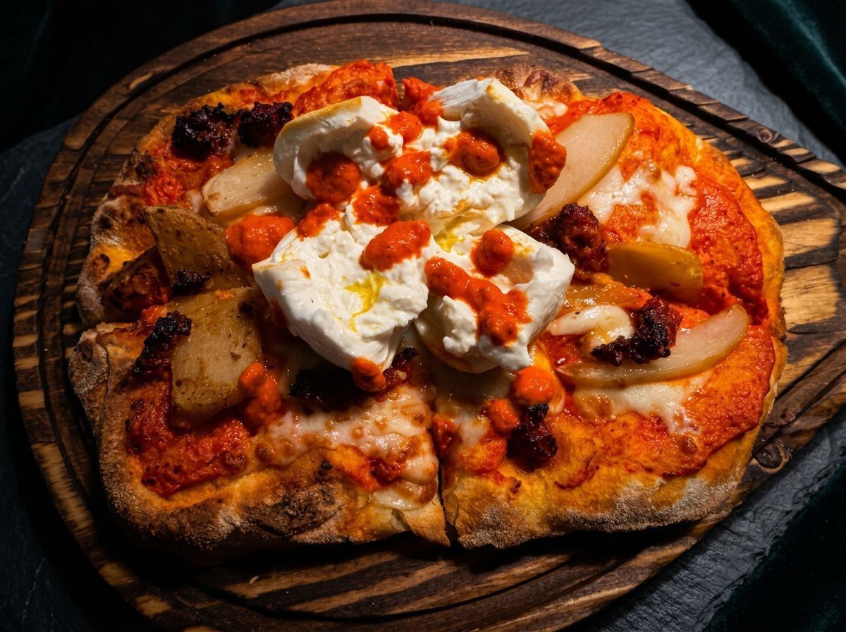 Wood-fired pizza with melted cheese, tomato sauce, and toppings on a wooden serving board