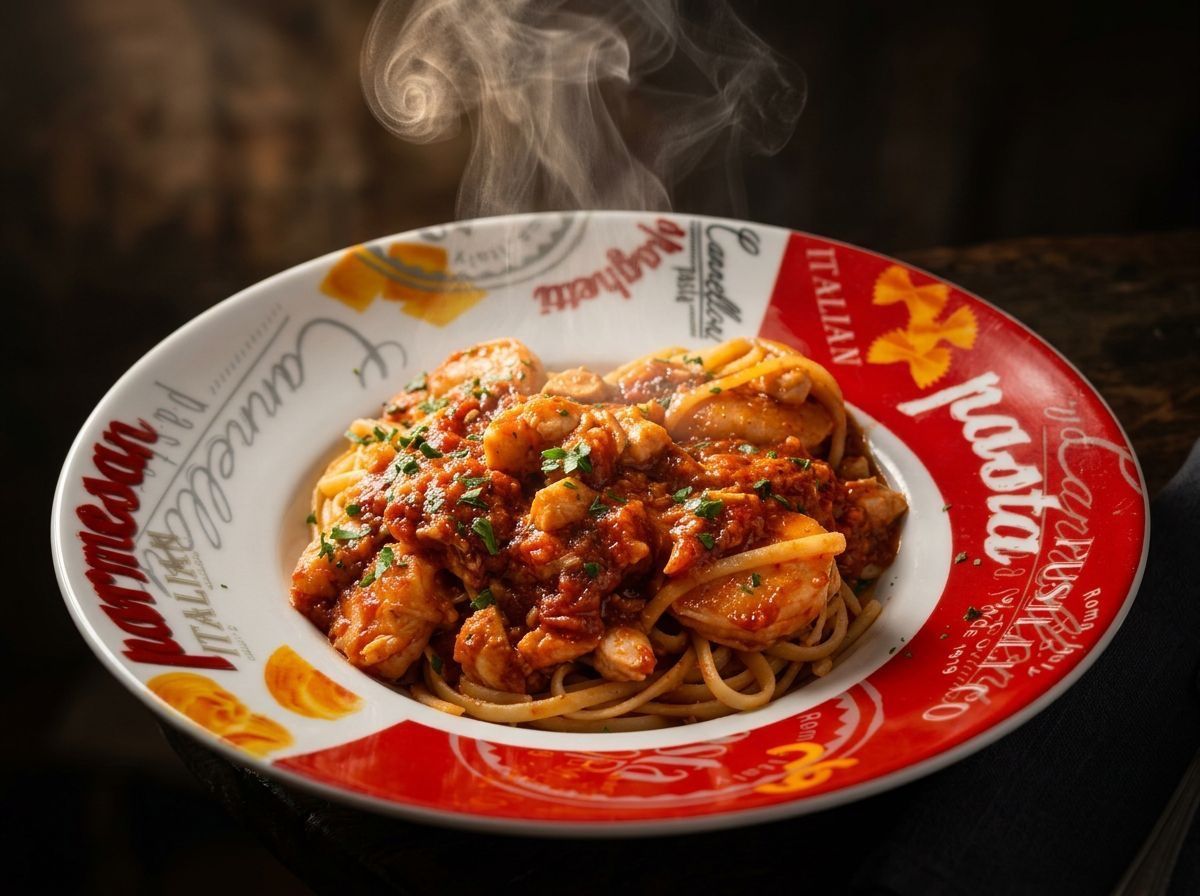 Steaming pasta in red-and-white branded bowl with tomato sauce and herbs